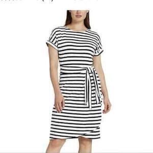 Chaps Women's Short Sleeve Lined Wrap Dress Black White Stripe-Size Medium-NWT